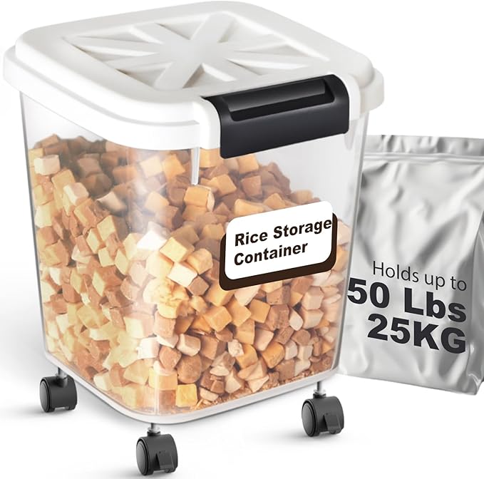 LivLab Mker Airtight Rice Storage Container 50 lbs, Attachable Wheels, for Dog Cat Bird and other Pet Food Storage Bin, Keep Fresh, Easy Mobility, BPA Free, White