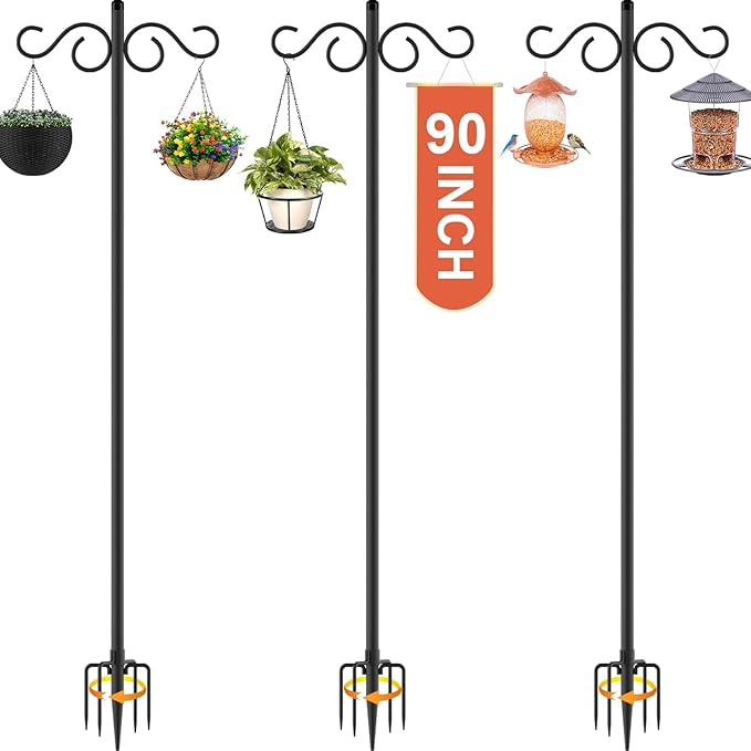 Double Shepherds Hooks for Outdoor,3 Pack 90 Inch Bird Feeder Pole with 5 Prongs Base,Heavy Duty Shepherds Hook,Suitable for Garden in Hanging Flower Basket,Lantern,Bird Nests (3 Pack 90 inch)