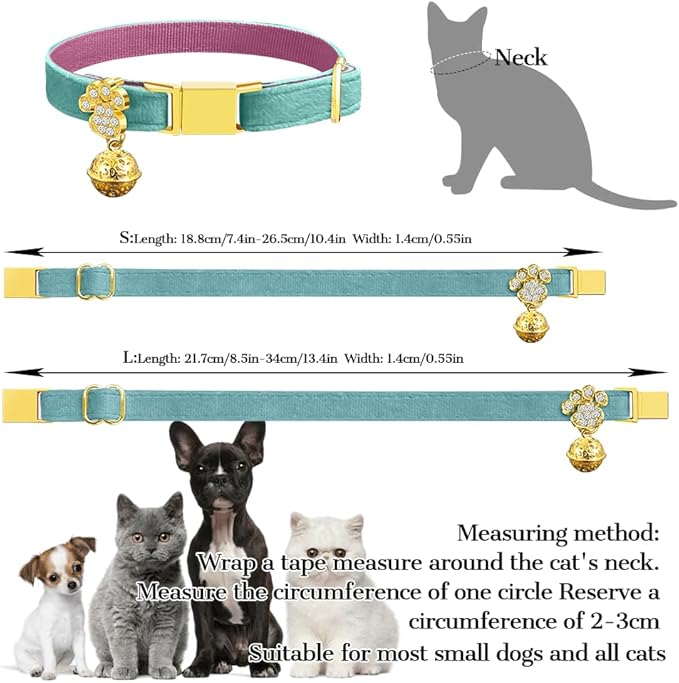 Personalized Breakaway Cat Collars - Magnetic Buckle, Bell - Safety Quick Release, Customized for Girls & Boys Cats- (Velvet-Lake Blue)