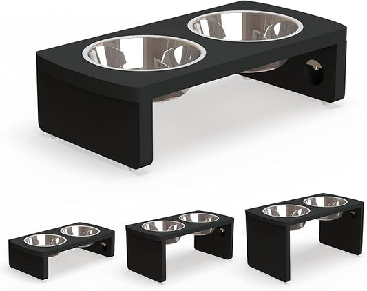 Elevated Dog Bowls, Bamboo Raised Dog Bowl for Small Dogs & Cats, with 2 Stainless Steel Bowls (4'' Tall-20oz Bowl, Black)
