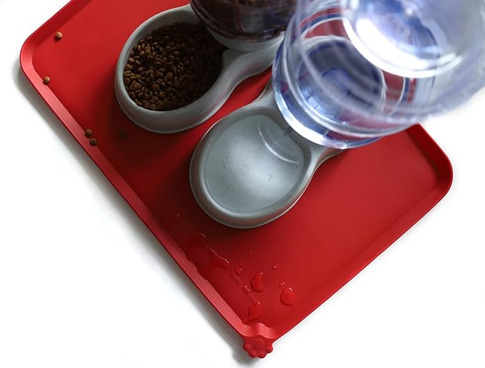 Hoki Found Large Silicone Non-Slip Pet Dog Cat Bowl Mats - Waterproof Dog Cat Food Mats - Classic Red
