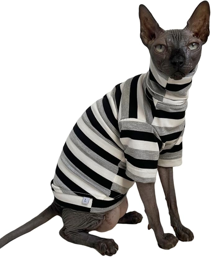 Vintage Stripes Sphynx Hairless Cats Shirt Cotton Cat Turtleneck Pet Clothes Kitten T-Shirts with Sleeves for Sphynx Cats (Black Grey White, Medium)