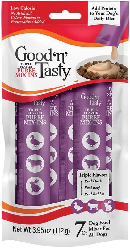 Good 'n' Tasty Triple Flavor Puree Mix-Ins Dog Food Topper Treats for All Dogs, 7 Count, Easy Single-Serve Portions, Added Protein with Duck, Beef and Rabbit, No Chicken Added