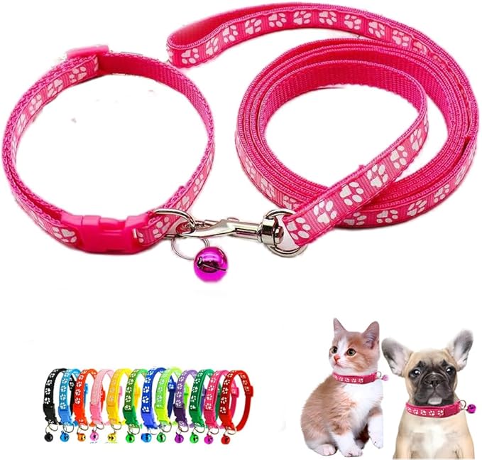 XS Dog Collar Leash Set, Nylon Puppy Collars with Bell Paw Print Basic Reflective Small Dog Collars Girls for XXS Xs Small Pet Animal Litter Tiny, Hot Pink