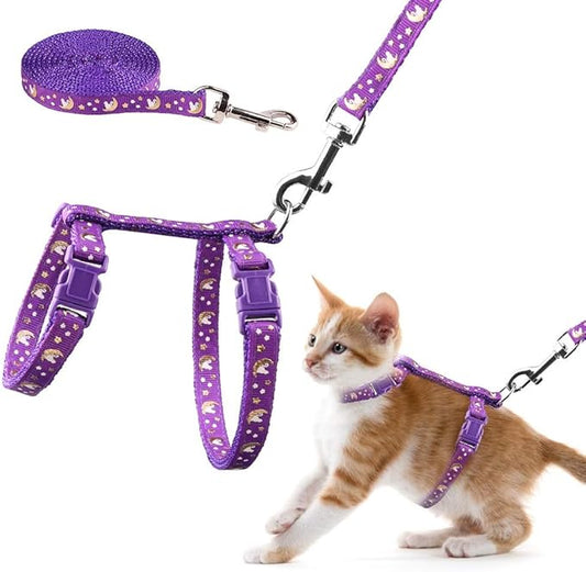 Cat Harness and Leash Set Gold Moons Soft Nylon Escape Proof Adjustable for Kittens Small Animals Glow in The Dark(Purple)