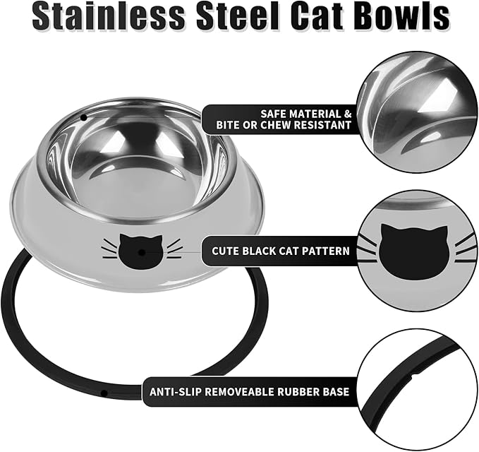 2 Pcs Non-Slip Stainless Steel Small Cat Food Bowls - Unbreakable, 7 Oz, Removable Rubber Base, Easy to Clean, Lovely Color