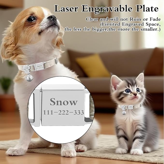 Personalized Breakaway Cat Collars - Magnetic Buckle, Bell - Safety Quick Release, Customized for Girls & Boys Cats- (Herringbone-Oatmeal)