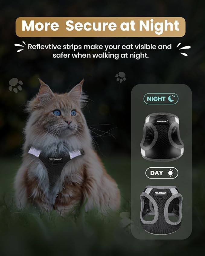 FAYOGOO Cat Harness and Leash Set | Upgrade Step-in Escape Proof Harness | Lightweight Soft Vest, No-Choke Design for Walking, Travel, Camping (Black)