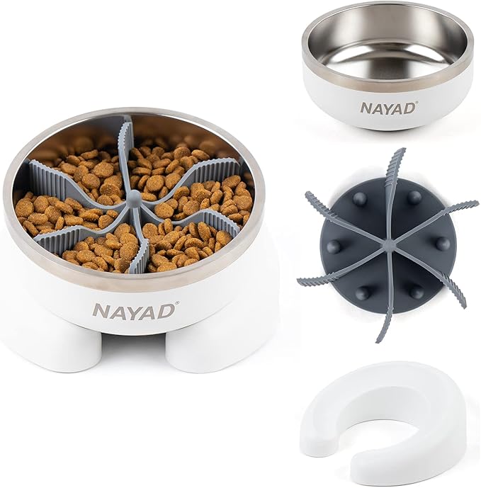 Raised Dog Bowl Stand with Slow Feeder Thick Stainless Steel Food Bowls for Large or Medium Sized Dogs Non-Slip Tilted Dog Feeder Station, Neck and Nose Protective Pet Bowl, 4 Cups (32 oz), White