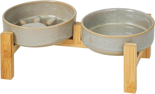 Elevated Slow Feeder Ceramic Dog Bowls Set for Small Size, Raised 2.4" Height, Cute Paw Slow Feeding Food Bowl and Water Bowl with Stand for Small Breed, Cat Dishes,Size 5.2" Dx1.4 H, Non Slip, Grey