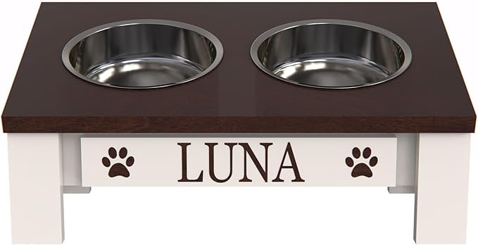 GrooveThis Woodshop Luxury Pet Feeder - Elevated Stand with Stainless Steel Bowls for Small Dogs & Cats, Anti-Slip, Easy Clean, Chic & Durable Design (Tilted, Dark Walnut)