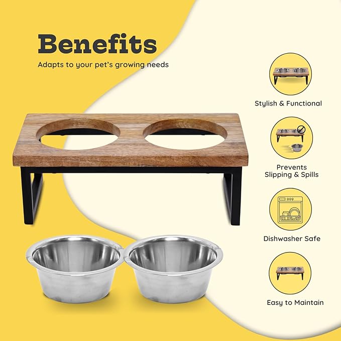 Elevated Dog Bowls, Small 4 Height Mango Wood Raised Dog Bowl Iron Stand with 2 Pcs 16oz Stainless Steel Pet Dishes | Food & Water 2Cup/0.47L Capacity Nonslip Cats Feeding Station