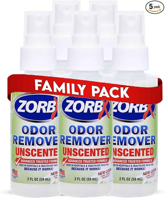 ZORBX Unscented Odor Eliminator for Strong Odor 2 Fl Oz Pack of 5 - Used in Hospitals & Healthcare Facilities - Advanced Formula, Fast-Acting Odor Remover Spray for Dog, Cat, House & Carpet