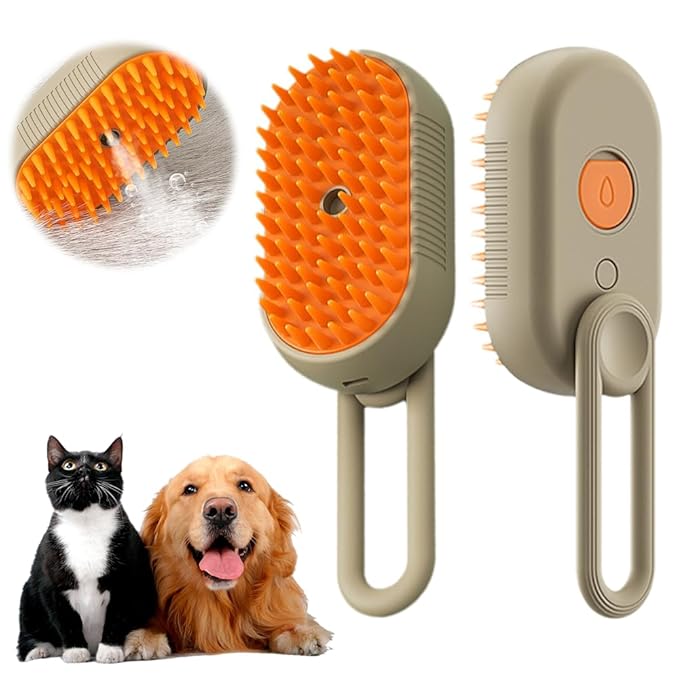 2025 New Pet Steam Groomer Brush, 3 in 1 Cat Steam Brush for Massaging and Cleaning Shedding Hair, Upgrade Pet Steam Groomer Comb Multifunctional Hair Removal Comb for Cats Dogs (Khaki)