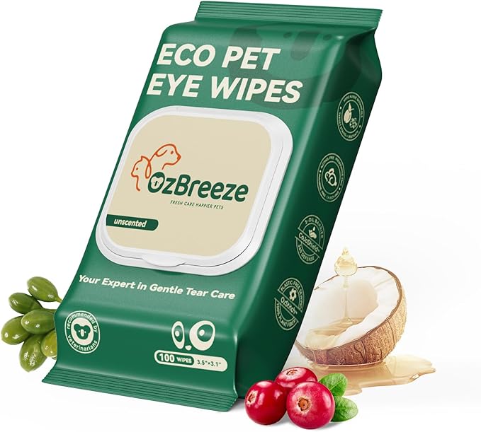 Pet Eye Wipes – 100 Count Unscented Tear Stain Remover | Natural Coconut Oil, Kakadu Plum, Cranberry, Provitamin B5 Formula | Gentle Eye Cleaning Pads for Discharge, Mucus & Saliva Stains