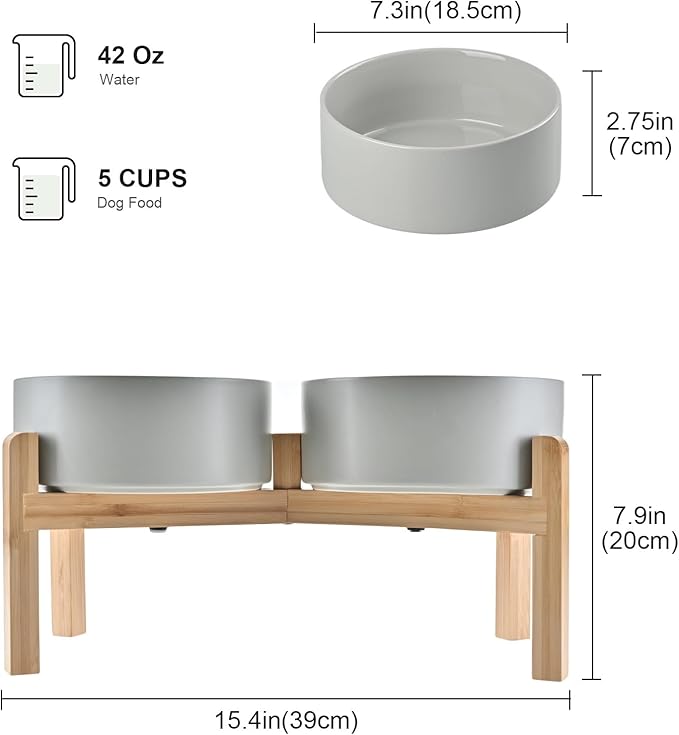 SPUNKYJUNKY Elevated Dog Bowls Ceramic, 7.3'' Dogs Food Water Bowls Raised with Non-Slip Bamboo Stand for Medium to Large Sized Breed Microwave Dishwasher Safe - 42 OZ,Grey