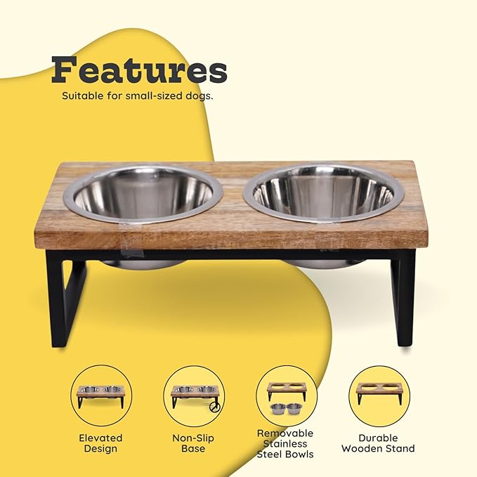 Elevated Dog Bowls, Small 4 Height Mango Wood Raised Dog Bowl Iron Stand with 2 Pcs 16oz Stainless Steel Pet Dishes | Food & Water 2Cup/0.47L Capacity Nonslip Cats Feeding Station