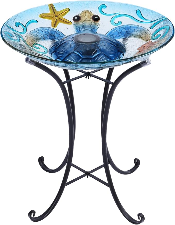 MUMTOP Glass Bird Bath, Bird Baths for Outdoors, Solar Birdfeeder with Metal Stand for Garden, Yard, Lawn Decor sea Turtle Pattern(Blue, 21.5"X18")