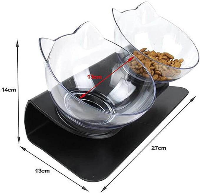 Luck Dawn Double Elevated Cat Bowls with Raised Stand, 15 Tilted cat Bowl Design Neck Guard Stand Raised Pet Food Water Feeder Bowl for Cats or Small Dogs