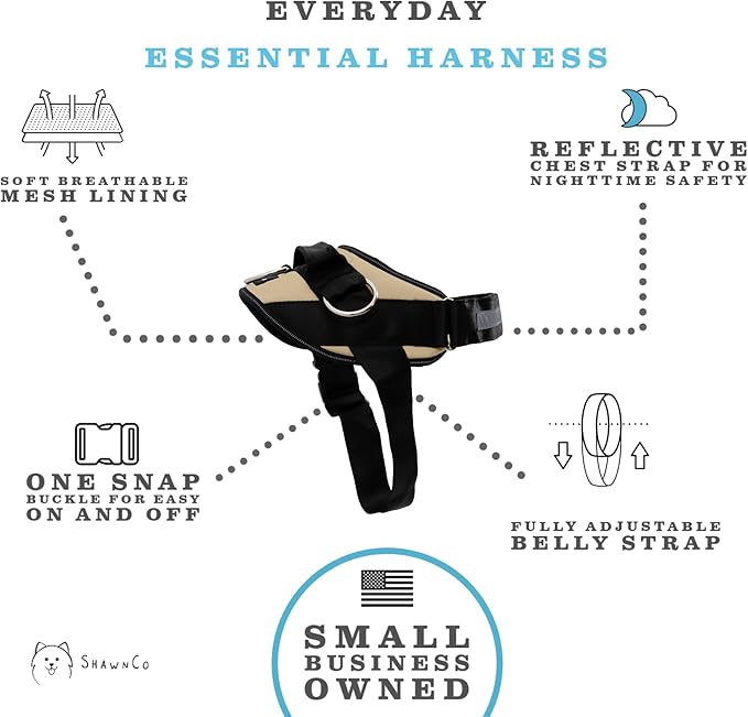 ShawnCo Essential Dog Harness, No-Pull Pet Vest with 3 Leash Clips, No Choke, Reflective, Adjustable and Padded, for Easy Walking and Training for Small, Medium and Large Dogs (Driftwood, XS)