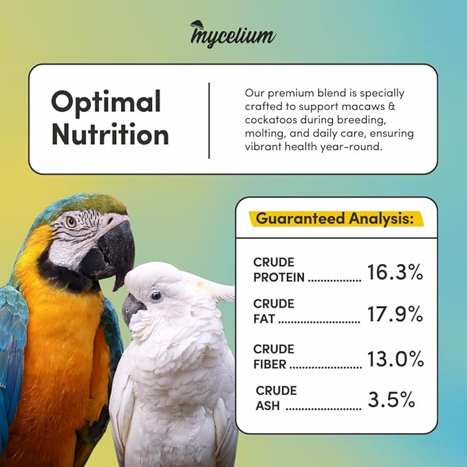 Mycelium Organic Macaw & Cockatoo Plus Bird Food (5 LBS) | High-Protein Bird Seed for Large Birds | Vitamin-Enriched Daily Nutrition | Skin & Feather Support | Non-GMO & USA Made