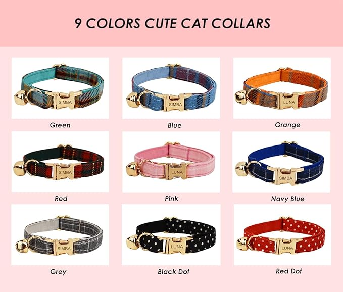 Personalized Cat Collar with Engraved Name and Phone Number - Customizable Kitten Collars for Boys and Girls (Plaid)