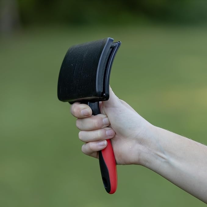 Jeffers Pet Self-Cleaning Slicker Brush for Dogs & Cats – Self Cleaning Button, Removes Tangles & Loose Hair, Non Slip Handle for Easy Grooming, Go To Gift for Pet Owners – Black, Red - Small