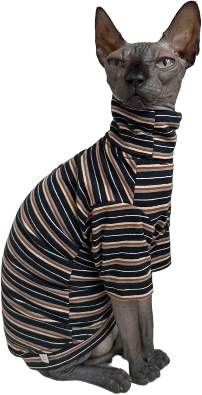 Vintage Stripes Sphynx Hairless Cats Shirt Cotton Cat Turtleneck Pet Clothes Kitten T-Shirts with Sleeves for Sphynx Cats (Vintage Black, XX-Large)