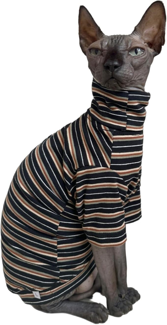 Vintage Stripes Sphynx Hairless Cats Shirt Cotton Cat Turtleneck Pet Clothes Kitten T-Shirts with Sleeves for Sphynx Cats (Vintage Black, XX-Large)