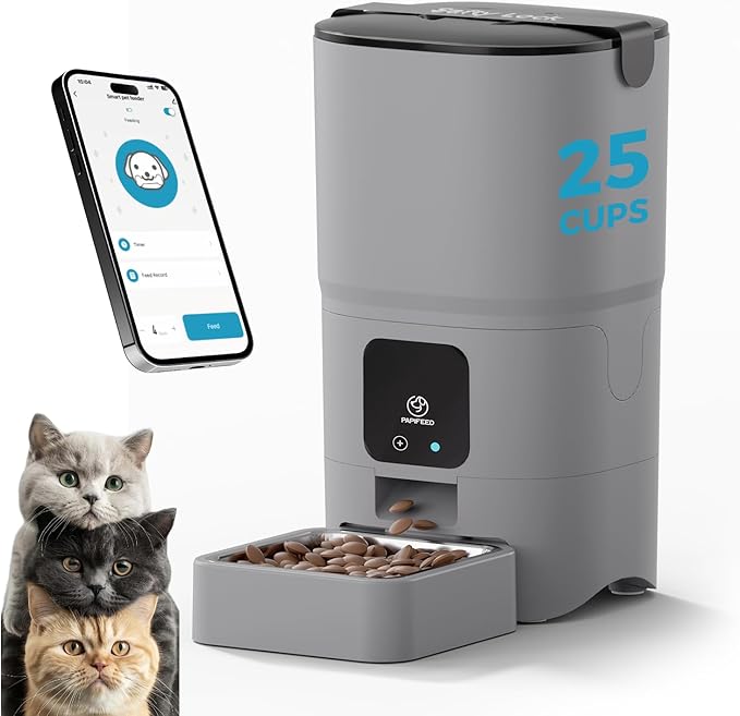 PAPIFEED Automatic Cat Feeder Upgrade, WiFi Pet Feeder with APP Control for Remote Feeding, Detachable for Easy Clean, Dual Power Supply,1-10 Meals Per Day for Multiple Pets(Gray)