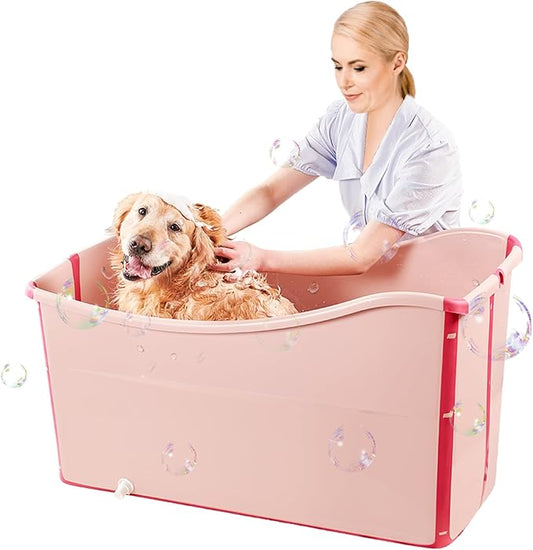 Portable Dog Bathtub for Large Dogs - 48.4Gal Foldable Pet Wash Station with Drain Plug, Insulated & Non-Slip Design for Indoor/Outdoor Bathing, Grooming, Camping（Pink）