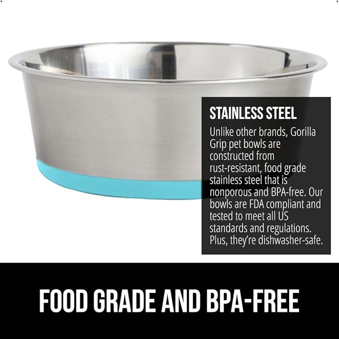 GORILLA GRIP Set of 2 Dog Bowls, Heavy Duty Metal Food and Water Bowl for Feeding Dogs and Cats, Dishwasher Safe, Rust Resistant Stainless Steel, BPA Free Rubber Base, Holds 1 Cup (8 fl oz), Turquoise