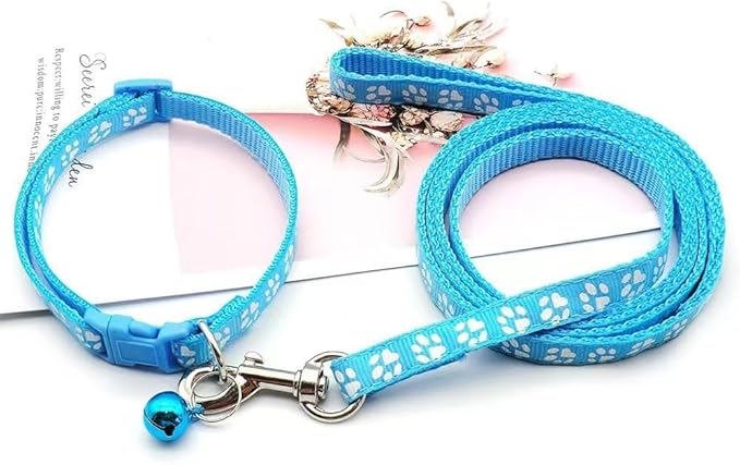 Puppy Collar XS with Bell Leash Set,Nylon Basic Reflective Puppy Collars Paw Print for XXS Xs Small Cat Pet Animal Litter Tiny Kitten Boy Girls, Light Blue