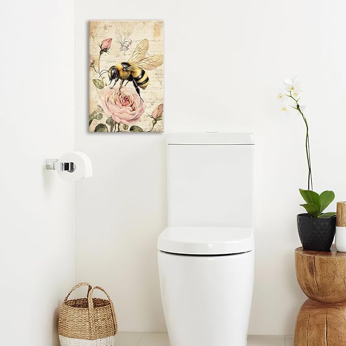 Rustic Bee Bathroom Pictures Wall Art, Vintage Floral Bathroom Wall Decor, Pink Rose Flower Framed Painting Canvas Artwork for Bedroom Living Room Decorations 24"L x 16"W