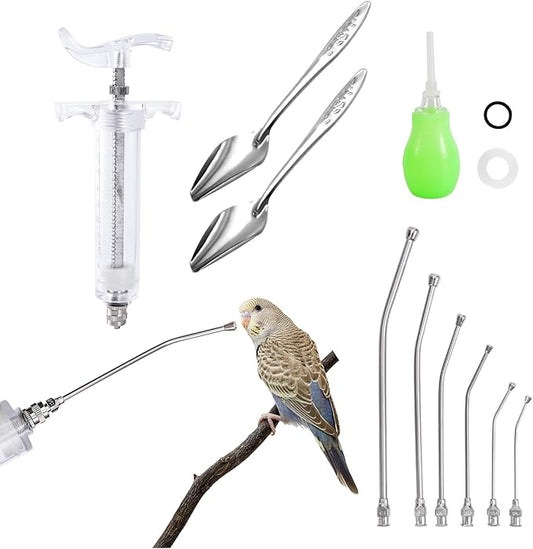 20ML Baby Bird Feeding Syringe Set Pet Syringe with 6 Pcs Curved Gavage Feeding Tubes and Bird Drinker Stainless Steel Metal Feeding Spoon for Baby Birds Parrot Small Pet