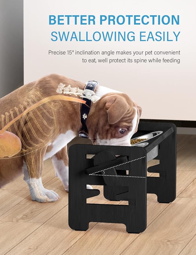 Vantic Elevated Dog Bowls, Adjustable Raised Dog Bowl Stand for Small Puppy and Cats, Sturdy Bamboo Pet Food Feeder with 2 Stainless Steel Dishes, Black