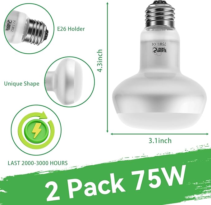 LUCKY HERP Intense Heat Lamp Bulbs for Reptiles 75W 2 Pack, UVA Daylight Reptile Heat Lamp, Reptile Basking Heat Light Bulb for Amphibian, Tortoise, Bearded Dragon, Lizard, Turtle, Snake Heating Use