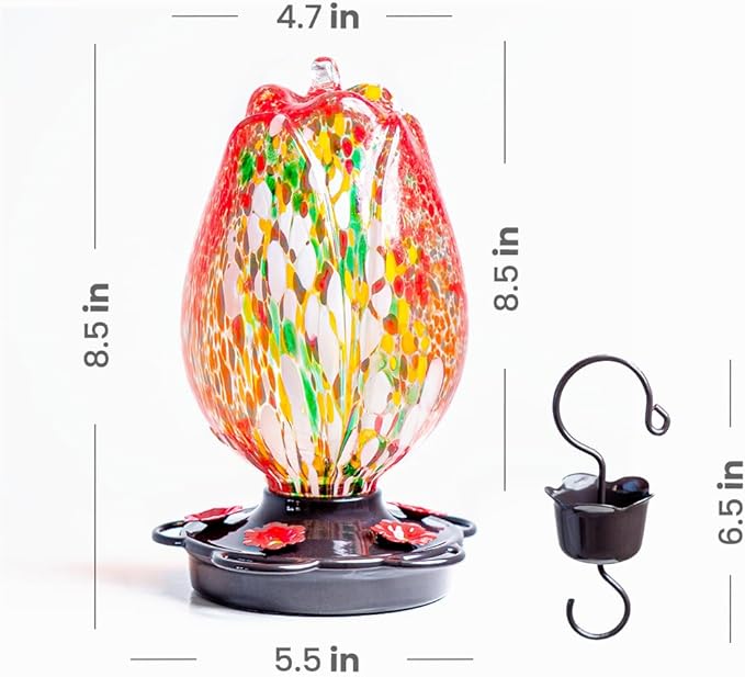 Tulip Shaped Glass Hummingbird Feeders for Outdoors - 36 Oz Hummingbird Feeder - Humming Bird feeders for Outdoors Hanging