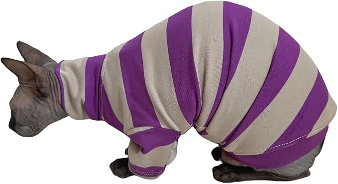 Vintage Stripes Sphynx Hairless Cats Shirt Cotton Cat Turtleneck Pet Clothes Kitten T-Shirts with Sleeves for Sphynx Cats (Wide Purple Grey Stripe, Large)