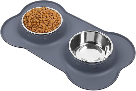 AsFrost Dog Food Bowls Stainless Steel Dog Food and Water Bowl Set, Dog Dishes No Spill Non Slip Silicone Mat, Dog Bowls for Small Medium Size Dogs Cat Puppy Pet Food Feeding Bowls, Grey, 12oz