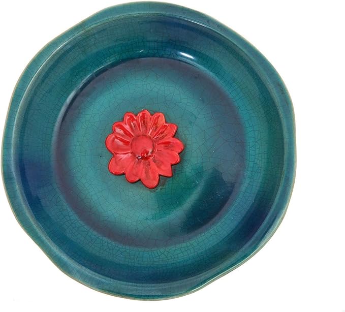 DUSVALLY Bird Bath Ceramic Bowl Antique Decor for Outdoors, Bird Drinker Plate with Vintage Red Flower Ornament for Outside, Garden & Yard, 12"