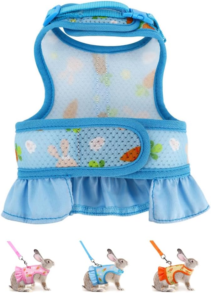 Bunny Harness and Leash,Proof Walking Escape Cute Floral Mesh Vest Breathable Rabbit Clothes for Bunnies, Hiking, Training for Ferret Kitten Puppy Small Pet Harness Blue S