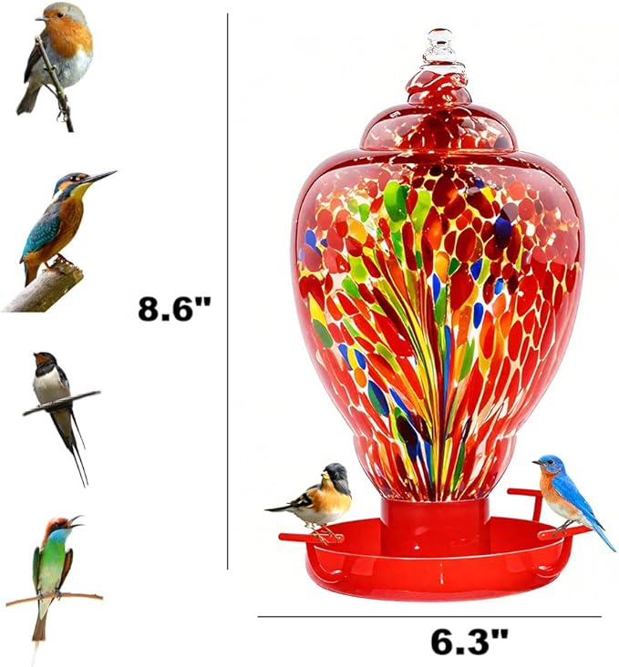 Colorful Glass Wild Bird Waterer 32 Oz Bird Water Feeder for Outdoors Garden Outside Water Cooler Tree Yard Decoration (Red-fire)