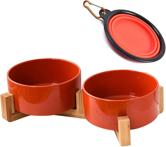 Petygooing Dog Bowls,Ceramic Cat Dog Bowl Set with Wood Stand for Food and Water,Non-Slip Cute Modern Pet Dish for Cats Small Size Dogs Puppy (13.5OZ/5.1 in) Rust Red