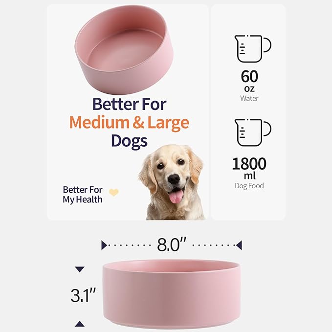 Pink Elevated/Raised Dog Bowl Ceramic for Medium Large Sized Breed,Dog Food Water Bowl with Stand,8 in 7.6 Cups Non Slip Heavy Weighted