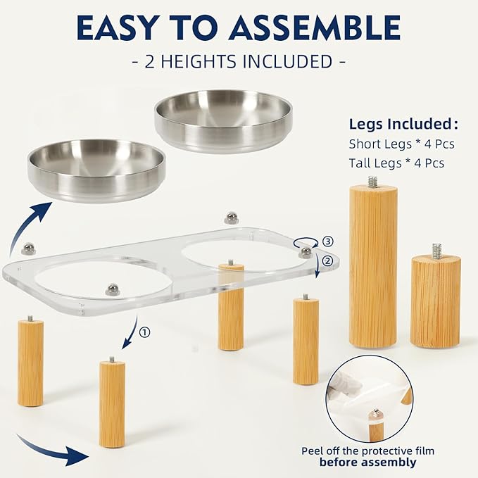 Elevated Cat Bowls for Indoor Cats – Modern Acrylic Cat Food Table with 2 Ceramic Dishes, Adjustable Height (4.05"/2.87"), Whisker Friendly Raised Feeding Station