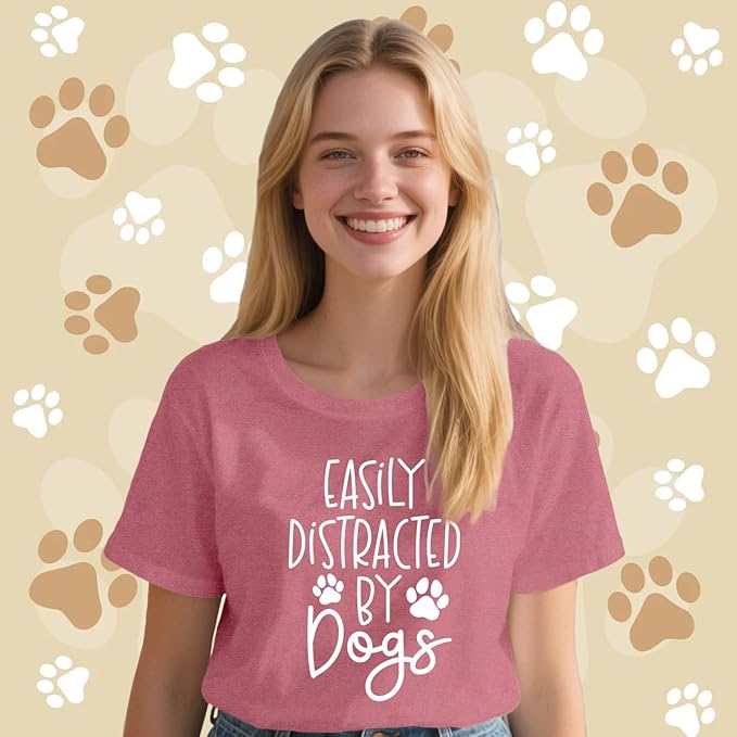 Women Dog Shirts Easily Distracted by Dogs T-Shirt Dog Mom Paw Print Tee Tops