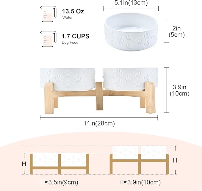 SPUNKYJUNKY Elevated Dog Bowls Ceramic, 5.1'' Dogs and Cat Food Water Bowls Raised with Non-Slip Bamboo Stand for Puppy Small Sized Breed Microwave Dishwasher Safe - 13.5 OZ,Paw White