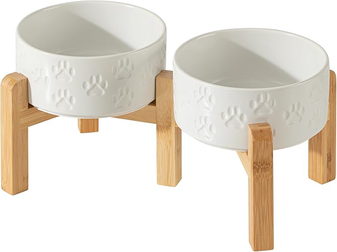 Elevated Ceramic Dog Bowl Set, 6" Dog Bowls with Dual Fixed Heights Stand, 3.5 Cup Food and Water Bowls for Small Breed Dogs, Microwave Safe (Double Bowls + Stand - White, 6 inch)