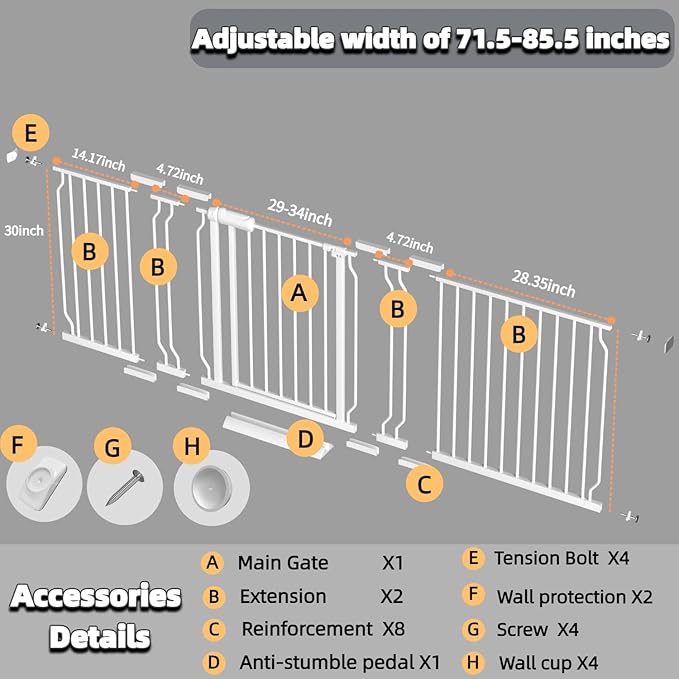 TSAYAWA Baby Gate Extra Wide Fits 71.5-85.8 inch Wide Opening - Dog Pet Gates for Doorways Stairs No Drilling Pressure Mounted - Large Child Safety Gate Indoor Outdoor White